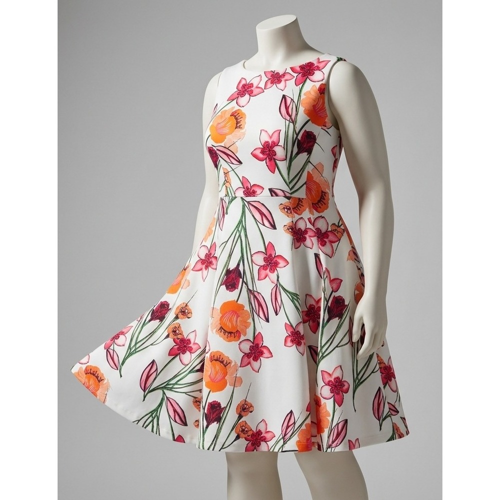 Calvin Klein White Orange Red Floral Lined Sleeveless Dress Vintage Size 2